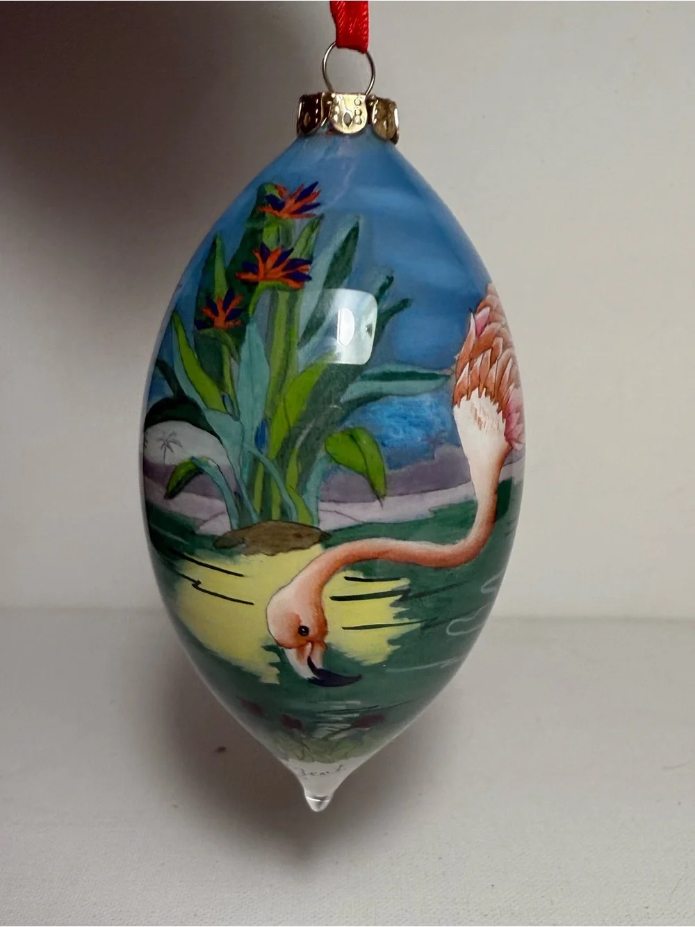 Vintage Pink Flamingo Reverse Painting Glass Ornament Paul Bent Design Florida